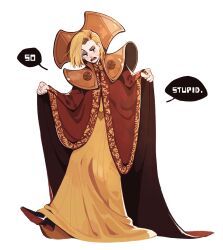 Rule 34 | 1girl, black shoes, blonde hair, chinese commentary, commentary request, doctor who, dress, english text, full body, grey eyes, highres, juanmao, long dress, open mouth, raised eyebrow, red robe, robe, robe hold, shoes, short hair, solo, speech bubble, standing, standing on one leg, the doctor (doctor who), thirteenth doctor (doctor who), white background, yellow dress