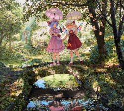 2girls :o ascot bat_wings bridge closed_mouth clothes_grab collared_shirt commentary_request dappled_sunlight day fern flandre_scarlet forest frilled_shirt_collar frilled_skirt frills hat hat_ribbon holding holding_umbrella marker_(medium) mob_cap moss multiple_girls nature outdoors pink_hair pink_hat pink_shirt pink_skirt puffy_short_sleeves puffy_sleeves red_eyes red_ribbon red_shoes red_skirt red_vest reflection reflective_water remilia_scarlet ribbon ribbon-trimmed_skirt ribbon_trim shiratama_(hockey) shirt shoes short_sleeves siblings sisters skirt skirt_grab socks sunlight touhou traditional_media tree umbrella vest water white_hat white_shirt white_shoes white_socks white_umbrella wings wrist_cuffs yellow_ascot