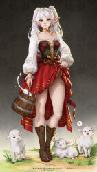 1girl absurdres animal blondynkitezgraja boots breasts brown_boots bucket clothes_lift commentary earrings elf english_commentary floral_background floral_print frieren full_body gold_choker grass green_eyes grey_hair grin heart highres instagram_username jewelry lamb lifting_own_clothes long_hair long_pointy_ears long_sleeves looking_at_viewer medium_breasts milk parted_bangs pointy_ears polish_clothes puffy_long_sleeves puffy_sleeves red_skirt sheep shirt signature skirt skirt_lift smile solo sousou_no_frieren spoken_heart standing twintails twitter_username watermark web_address white_shirt wooden_bucket
