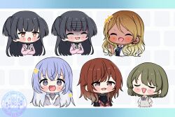 5girls aketa_mikoto black_hair blonde_hair blue_hair blush blush_stickers brown_hair chain chain_necklace chibi commentary_request cropped_torso crossed_arms false_smile gradient_hair green_hair gyaru idolmaster idolmaster_shiny_colors izumi_mei jacket jewelry jirai_kei kogal letterboxed mayuzumi_fuyuko multicolored_hair multiple_girls multiple_views nanakusa_nichika necklace pink_jacket school_uniform shaded_face smile sparkle suzuki_hana upper_body watermark yukiwanabiku