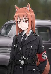 1girl alternate_costume animal_ears armband arms_at_sides artist_name belt belt_buckle black_belt black_jacket black_necktie black_straps breast_pocket brown_eyes buckle buttons car censored closed_mouth collar_tabs collared_shirt cuff_title day highres holo jacket lapels long_hair looking_at_viewer military military_dress_uniform military_jacket military_uniform motor_vehicle nazi necktie notched_lapels opel_(company) opel_kapitan orange_hair outdoors patch pocket pointless_censoring pouch red_armband reichsadler sanpaku sheath shirt shoulder_strap sidelocks smile solo spice_and_wolf ss_insignia ss_uniform straight_hair strap swastika third-party_source upper_body waffen-ss white_shirt wolf_ears wolf_girl world_war_ii zap-nik