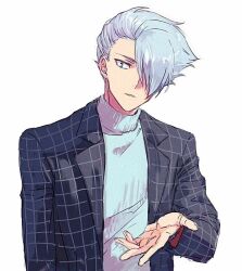 Rule 34 | 1boy, anti (ssss.gridman), black jacket, blue eyes, grey hair, gridman universe, hair over one eye, jacket, male focus, risyo, simple background, solo, ssss.dynazenon, sweater, upper body, white background, white sweater
