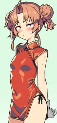 1girl ahoge alternate_costume black_panties breasts brown_eyes china_dress chinese_clothes commentary_request double_bun dress gloves hair_bun highres kagerou_(kancolle) kantai_collection one-hour_drawing_challenge panties red_dress red_eyes shirt side-tie_panties sleeveless sleeveless_shirt small_breasts solo taketora_suzume underwear white_gloves