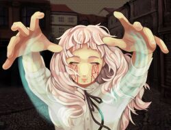 1girl black_ribbon closed_eyes closed_mouth commentary dark_background facial_tattoo facing_viewer fear_&amp;_hunger_(series) fear_&amp;_hunger_2:_termina helllst4r highres long_hair long_sleeves magic marina_(fear_&amp;_hunger) mouth_piercing neck_ribbon outstretched_arms pink_hair ribbon shirt solo tattoo town upper_body white_shirt