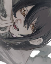 1girl black_hair braid chainsaw_man hair_between_eyes long_hair looking_at_viewer nayuta_(chainsaw_man) open_mouth ringed_eyes sideways single_braid solo teeth yellow_eyes yosei_bin