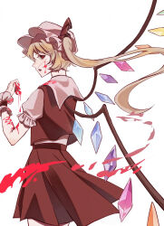 Rule 34 | 1girl, blonde hair, blood, blood drip, blood on arm, blood on face, blood on hands, crystal wings, flandre scarlet, frilled cuffs, frilled hat, frills, hand up, hat, hat ribbon, highres, long hair, looking at viewer, looking back, one side up, parted lips, pink hat, puffy short sleeves, puffy sleeves, red eyes, red ribbon, red skirt, red vest, ribbon, shirt, short sleeves, simple background, skirt, solo, touhou, user fer1494, vest, white background, white shirt, wrist cuffs