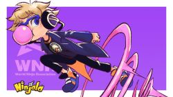 1boy black_pants blonde_hair blowing_bubble_gum blue-framed_eyewear blue_coat blue_eyes blue_pupils blue_shirt blue_shoes blue_sleeves border burton_(ninjala) chewing_gum child clenched_hand coat copyright_name copyright_notice fluffy_hair glasses gungho headphones lapels logo logo_print long_shirt long_sleeves looking_to_the_side multicolored_coat multicolored_shoes ninjala notched_lapels official_art pants print_shirt purple_background rianti-wong semi-rimless_eyewear shirt shoes short_hair shuriken sidelighting sneakers solo third-party_source two-tone_coat two-tone_shoes weapon white_border