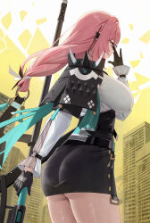 1girl absurdres armor ass black_gloves black_skirt breasts building commentary_request cowboy_shot dress_shirt from_behind glasses gloves high-waist_skirt highres holding holding_polearm holding_weapon large_breasts long_hair naginata pencil_skirt pink_eyes pink_hair polearm ring_hair_ornament shakkiyi shirt shoulder_armor skirt solo standing tsukishiro_yanagi weapon white_shirt zenless_zone_zero