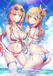 Rule 34 | 1boy, 1girl, ass, bikini, bow, bow panties, breasts, brother and sister, butt crack, cleavage, crossdressing, eyewear on head, flower, frilled bikini, frills, hair ornament, hairclip, heart, heart hair ornament, highres, lace, lace-trimmed bikini, lace trim, large breasts, looking at viewer, looking back, midriff, natsusora aona, natsusora wakana, navel, novady, orange hair, original, panties, siblings, side-tie bikini bottom, side-tie skirt, star (symbol), star hair ornament, sunflower, sunglasses, swimsuit, trap, twins, underwear