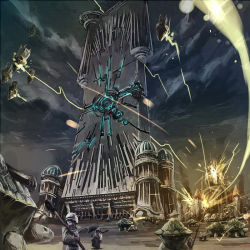Rule 34 | aircraft, church, cloud, cloudy sky, destruction, explosion, gregorius yamada, military, military vehicle, motor vehicle, pixiv fantasia, pixiv fantasia 5, sky, soldier, tank, turtle, vehicle, war