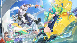 3boys 3girls abigail_(frigga)_(wave_maker) abs absurdres animal_ears artist_request bara blue_sky boomboom candy claws closed_eyes cloud discboom_(dislyte) dislyte diving_board eyewear_on_head fingerless_gloves food furry furry_male gloves goggles goggles_on_head hair_ribbon highres holding holding_candy holding_food holding_lollipop holding_water_gun inflatable_shark inflatable_toy jewelry jin_qiu_(ru_shou)_(dislyte) jin_qiu_(ru_shou)_(wild_python)_(dislyte) lollipop looking_at_another multiple_boys multiple_girls muscular muscular_male necklace nipples non-web_source official_art one_eye_covered open_mouth pawpads pectorals ponytail pool ribbon sandals sky sun sunglasses swim_goggles swim_ring tail tiger_boy tiger_ears tiger_stripes tiger_tail topless_male water_gun