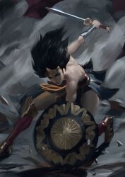 armor artist_name bare_shoulders black_hair blue_eyes boots bracer dc_comics faulds floating_clothes floating_hair greaves holding holding_shield holding_weapon lasso_of_truth leotard long_hair muscular muscular_female raikoart red_lips rubble shadow shield solo star_(symbol) strapless strapless_leotard superhero_costume superhero_landing sword tiara weapon wonder_woman