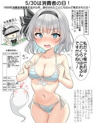 1girl absurdres bikini black_hairband blue_eyes blush breasts breasts_squeezed_together cleavage commentary_request grey_hair hairband highres konpaku_youmu konpaku_youmu_(ghost) looking_at_viewer medium_breasts navel open_mouth short_hair side-tie_bikini_bottom simple_background solo speech_bubble striped_bikini striped_clothes swimsuit touhou translation_request white_background youyume-kun