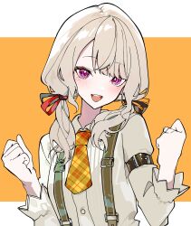 Rule 34 | 1girl, absurdres, amopui, blonde hair, blush, facial mark, hair ribbon, highres, komori met, komori met (6th costume), long sleeves, looking at viewer, necktie, open mouth, orange background, orange necktie, purple eyes, ribbon, solo, teeth, two-tone background, upper teeth only, virtual youtuber, vspo!, white background