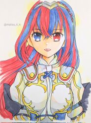 1girl blue_eyes blue_hair breasts chika_1 crossed_bangs female_alear_(fire_emblem) fire_emblem fire_emblem_engage heterochromia highres long_hair looking_at_viewer medium_breasts multicolored_hair nintendo red_eyes red_hair smile solo split-color_hair tiara two-tone_hair