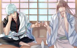 2boys alcohol barefoot belt black_pants black_shirt blue_hair brown_hair choko_(cup) closed_eyes commentary_request cup gintama grey_haori hadanugi_dousa hair_between_eyes highres holding holding_cup japanese_clothes kimono long_hair long_sleeves male_focus messy_hair multiple_boys open_clothes open_kimono oukasakata pants petals red_eyes sakata_gintoki sakazuki shirt short_hair short_sleeves shouji sitting sliding_doors smile teacher_and_student tokkuri tray white_kimono wide_sleeves yoshida_shouyou