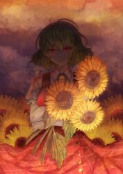 1girl absurdres field flower flower_field green_hair highres holding holding_flower kazami_yuuka looking_at_viewer medium_hair solo straight-on sunflower sunflower_field sunset touhou wuze_zeei
