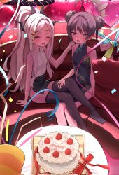 2girls ahoge balloon black_skirt blue_archive cake china_dress chinese_clothes demon_girl demon_horns demon_wings double_bun dress food grey_eyes grey_hair grey_halo hair_bun halo happy_birthday heart heart_balloon highres hina_(blue_archive) horns indoors kisaki_(blue_archive) long_hair looking_at_viewer multiple_girls ponytail purple_eyes rubina15 shirt sitting skirt strawberry_cake table white_hair white_shirt wings