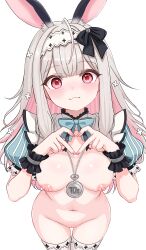1girl absurdres animal_ears black_bow blue_bow blue_bowtie blush bow bowtie breasts cleft_of_venus closed_mouth colored_inner_hair commentary four-finger_heart_hands grey_hair hair_bow hairband heart heart_hands highres jewelry long_hair looking_at_viewer multicolored_hair navel necklace nipples pink_eyes pink_hair pink_nails pussy rabbit_ears simple_background solo thighhighs two-tone_hair unohana_nonochi varium virtual_youtuber white_background yamaoka_remu
