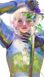 2girls absurdres armor blue_shoes braid closed_mouth commentary dress english_commentary flower flower_ornament full_armor full_body grass hair_between_eyes hand_in_own_hair hashtag-only_commentary highres holding holding_flower holding_sword holding_weapon lips looking_at_viewer medium_hair multiple_girls nature original parted_lips pointy_ears purple_eyes reflective_surface ruilibing shoes smile standing sword tears twin_braids upper_body weapon white_background white_dress white_hair