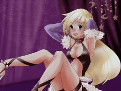Rule 34 | 1girl, armpits, arms behind head, black shorts, black tank top, blonde hair, blue eyes, blush, breasts, cape, cleavage, clothing cutout, commentary request, curtains, detached sleeves, feet out of frame, fur-trimmed cape, fur-trimmed sleeves, fur trim, john (strike-shank), long hair, looking at viewer, medium breasts, open mouth, purple background, purple cape, purple sleeves, ragnarok online, short shorts, shorts, sitting, smile, solo, stalker (ragnarok online), stomach cutout, tank top, waist cape