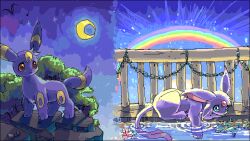 Rule 34 | backlighting, black border, black fur, blue eyes, border, chain, choko (sweetpocket), commentary request, creature, creature focus, crescent moon, espeon, flower, foliage, forehead jewel, full body, gem, gen 2 pokemon, lily pad, lying, moon, night, night sky, nintendo, no humans, on stomach, outdoors, pokemon, pokemon (creature), rainbow, red eyes, red gemstone, ripples, rock, sad, sky, split screen, standing, umbreon, water, water lily flower