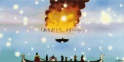 animated animated_gif bandages chimney_(one_piece) crying enies_lobby fire franky_(one_piece) going_merry gonbe hat kokoro_(one_piece) lowres mask monkey_d._luffy nami_(one_piece) nami_(one_piece)_(enies_lobby) nico_robin nico_robin_(water_7) ocean one_piece reindeer roronoa_zoro sanji_(one_piece) ship straw_hat tony_tony_chopper usopp watercraft