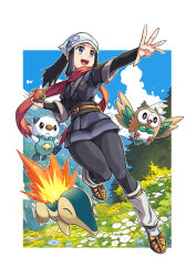Rule 34 | 1girl, absurdres, akari (pokemon), black hair, black pants, black sash, black undershirt, blue sky, cloud, cyndaquil, day, fish.boy, galaxy expedition team survey corps uniform, gen 2 pokemon, gen 5 pokemon, gen 7 pokemon, grey eyes, grey jacket, headscarf, highres, hisuian poke ball, holding, holding poke ball, jacket, long hair, nintendo, open mouth, oshawott, outdoors, pants, poke ball, pokemon, pokemon (creature), pokemon legends: arceus, ponytail, red scarf, rowlet, sash, scarf, sidelocks, sky, white headscarf