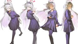 1girl arms_behind_back black_choker black_pantyhose black_shoes blue_archive blunt_bangs braid choker colored_inner_hair commentary_request hair_over_one_eye hairband halo highres holding holding_umbrella leaning_forward long_bangs long_hair long_sleeves looking_at_viewer lunifish multicolored_hair multiple_views neckerchief one_eye_covered pantyhose pink_hair plana_(blue_archive) pleated_skirt purple_hairband purple_serafuku purple_skirt red_halo school_uniform serafuku shoes side_braid simple_background single_braid skirt two-tone_hair umbrella v very_long_hair white_background white_hair white_neckerchief