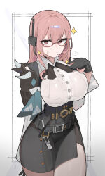 1girl armor azz0422 black_gloves black_skirt blush breasts closed_mouth collared_shirt commission cowboy_shot glasses gloves hair_between_eyes high-waist_skirt highres large_breasts long_hair looking_at_viewer pencil_skirt pink_eyes pink_hair red-framed_eyewear shirt shirt_tucked_in shoulder_armor sidelocks skirt solo sparkle standing sweatdrop tsukishiro_yanagi white_shirt zenless_zone_zero