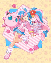 Rule 34 | 1girl, :d, blue eyes, blue hair, blue skirt, character doll, clefairy, clefairy sprite (pokemon), collared shirt, crossover, doll, fairy miku (project voltage), flower, full body, gen 1 pokemon, hair flower, hair ornament, half-closed eyes, hand up, hatsune miku, highres, jigglypuff, long hair, long sleeves, looking to the side, loose socks, miniskirt, neckerchief, nintendo, no nose, no pupils, open mouth, outline, pink eyes, pink hair, pink nails, pink shirt, pink shoes, plaid clothes, plaid skirt, pokemon, pokemon (creature), project voltage, red flower, scrunchie, shirt, shoes, skirt, smile, socks, standing, standing on one leg, v, vocaloid, wavy hair, wavy sidelocks, white bag, white neckerchief, white outline, white shirt, white socks, wrist scrunchie, yellow flower, yellow scrunchie, zompycat
