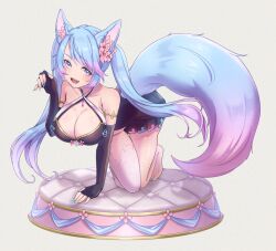 Rule 34 | 1girl, animal ears, black dress, black gloves, blue eyes, blue hair, blue tail, breasts, cleavage, dress, elbow gloves, faux figurine, gloves, gradient hair, gradient tail, indie virtual youtuber, kneeling, large breasts, multicolored hair, open mouth, pink hair, pink tail, purple eyes, silvervale, single thighhigh, smile, solo, tail, thighhighs, virtual youtuber, white thighhighs, wolf ears, wolf girl, wolf tail, yumeha tseru
