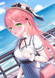 1girl ahoge arm_at_side bag belt black_belt blue_skirt blue_sky blush clenched_hand detached_collar dress elbow_carry frilled_gloves frills from_side gloves green_eyes hair_ornament hairclip handbag hat highres holding holding_bag hololive horizon long_hair o-ring o-ring_belt ocean official_alternate_costume pink_hair pleated_skirt puffy_short_sleeves puffy_sleeves railing sakura_miko sakura_miko_(street) shadow short_dress short_sleeves skirt sky solo straw_hat striped_clothes striped_skirt vertical-striped_clothes vertical-striped_skirt virtual_youtuber white_clover_(unfy8472) white_dress