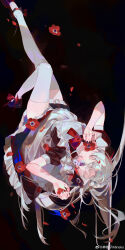 Rule 34 | 1girl, absurdres, anemone (flower), apron, black background, black dress, black shoes, bow, bowtie, dress, flower, flower over mouth, frilled apron, frilled dress, frills, grey hair, hair flower, hair ornament, hair over one eye, highres, isekaijoucho, kamitsubaki studio, leg up, long hair, looking at viewer, maid, maid apron, maid headdress, purple eyes, red bow, red bowtie, red flower, shoes, simple background, solo, thighhighs, upside-down, virtual youtuber, white apron, white thighhighs, wusubamineko