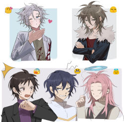 5boys ^^^ annoyed antenna_hair black_jacket black_vest blob_(google) blood blood_on_clothes blowing_kiss blue_eyes blue_hair brown_eyes brown_hair capelet chinese_commentary clenched_teeth closed_eyes closed_mouth commentary_request constricted_pupils curtained_hair dark_blue_hair fake_halo fur-trimmed_jacket fur_trim glasses gold_trim green_eyes grey_eyes grey_hair grey_jacket hair_between_eyes halo hand_up harada_minoru hatsutori_hajime heart holding isoi_reiji jacket kagero_(oshikawaii) kanou_aogu lapels long_hair long_sleeves male_focus medium_hair multiple_boys notched_lapels one_eye_closed open_clothes open_jacket open_mouth parted_bangs pink_hair purple_shirt red_shirt saibou_shinkyoku shirt short_hair smile surprised sweat teeth utsugi_noriyuki v-shaped_eyebrows vest white_capelet white_shirt