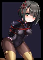Rule 34 | 1girl, absurdres, alternate costume, arms behind back, bdsm, blush, bodysuit, bondage, bound, bound arms, bound breasts, bound torso, breast bondage, breasts, brown pantyhose, cosplay, covered navel, female focus, fleur racine, green eyes, grey leotard, highres, impossible bodysuit, impossible clothes, impossible leotard, leotard, looking at viewer, machine assassin (xenoblade), mecha pilot suit, medium breasts, miyabi (xenoblade), pantyhose, red rope, restrained, rope, segiri (xenoblade), segiri (xenoblade) (cosplay), shibari, shibari over clothes, short hair, skin tight, solo, thighhighs, xenoblade chronicles (series), xenoblade chronicles 3, yellow thighhighs