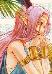 1girl absurdres aqua_robe armlet black_horns bracer bridal_gauntlets choker circlet commentary_request dragon_girl dragon_quest dragon_quest_x earrings estella_(dq10) gem gold_armlet gold_bracer gold_choker gold_circlet grin highres horns jewelry long_hair looking_at_viewer monster_girl palm_leaf parted_hair phoebe_nemo pointy_ears profile purple_hair red_gemstone smile solo sphere_earrings upper_body white_background white_bridal_gauntlets yellow_eyes