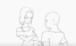 1boy 1girl android_18 animated animated_gif bald blocking blush couple defending dragon_ball dragonball_z embarrassed fighting husband_and_wife kicking kiss kiss_on_forehead kuririn punching serious tagme tokieda train training