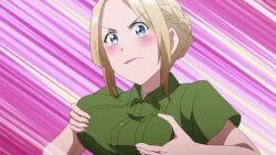 1girl animated anime_screenshot arafoo_otoko_no_isekai_tsuuhan_seikatsu blonde_hair blush braid breasts canaan_l&#039;eupatorium grabbing_own_breast green_shirt highres large_breasts lipstick makeup purple_eyes shirt sidelocks sound tagme video