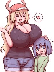 1boy 1girl 57mm age_difference black_shirt blush breasts cleavage covered_erect_nipples highres huge_breasts kobayashi-san_chi_no_maidragon long_hair lucoa_(maidragon) magatsuchi_shouta matching_hair/eyes onee-shota open_mouth purple_eyes purple_hair shirt shorts shota size_difference smile standing white_background