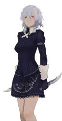 Rule 34 | 1girl, black gloves, blush, braid, dagger, female focus, gloves, highres, izayoi sakuya, knife, koumajou densetsu, koumajou densetsu 2, long sleeves, looking at viewer, looking down, maid headdress, quentin lecuiller, red eyes, shirt, short hair, silver hair, simple background, skirt, skirt set, solo, touhou, twin braids, weapon, white background