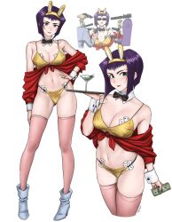 Rule 34 | 1girl, adapted costume, animal ears, bikini, blush, boots, bow, bowtie, breasts, card, cleavage, cocktail glass, cowboy bebop, cup, curvy, detached collar, dismaiden, drinking glass, fake animal ears, faye valentine, front-tie top, full body, gluteal fold, green eyes, gun, hairband, hand on own hip, headband, high heel boots, high heels, highres, holding, holding gun, holding money, holding tray, holding weapon, large breasts, leotard, lipstick, looking at viewer, makeup, money, multiple views, navel, nontraditional playboy bunny, off shoulder, playboy bunny, playboy bunny bikini, playing card, rabbit ears, shiny skin, short hair, simple background, skindentation, smile, string bikini, sunglasses, surrounded by guns, swimsuit, thighhighs, thong, thong bikini, traditional bowtie, tray, weapon, white background, white footwear, wide hips, wrist cuffs, yellow bikini, yellow hairband, yellow headband