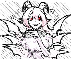 1girl bead_necklace beads demon_girl demon_horns dress funamusea fur-trimmed_dress fur_trim gallaxi giggling hair_wings horns jewelry lil_(funamusea) long_hair looking_at_viewer necklace oekaki pink_hair purple_dress red_eyes smug solo upper_body wings
