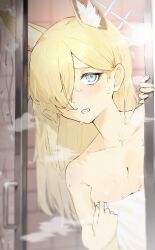 Rule 34 | 1girl, animal ear fluff, animal ears, blonde hair, blue archive, blue eyes, blue halo, blush, breasts, dog ears, dog girl, extra ears, hair over one eye, halo, highres, kanna (blue archive), large breasts, long hair, looking at viewer, naked towel, pyytato, sharp teeth, solo, steam, steaming body, teeth, towel, wet