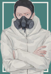 Rule 34 | 1boy, black eyes, black hair, closed mouth, commentary request, crossed arms, furrowed brow, highres, hood, hood down, hooded jacket, jacket, long sleeves, looking at viewer, male focus, mask, nono (n0n0n0n0n 0), respirator, short hair, solo, toshi densetsu kaitai center, upper body, yamada gasmask