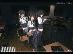 Rule 34 | 3girls, absurdres, black-framed eyewear, black boots, black eyes, black hair, black skirt, blue eyes, blue gloves, boots, braid, cd case, cellphone, chair, chikuwa fan973, classroom, collarbone, desk, dice hair ornament, double bun, elbow gloves, facial mark, fang, glasses, gloves, hair bun, hair ornament, hairclip, high heel boots, high heels, highres, index finger raised, indoors, latex, latex boots, letterboxed, long hair, looking at viewer, lower teeth only, multiple girls, open mouth, original, phone, rectangular eyewear, red eyes, school chair, school desk, shiny clothes, short hair, short hair with long locks, sidelocks, single braid, sitting, skirt, smartphone, standing, teeth, thigh boots, tongue