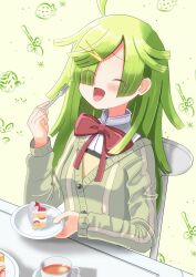 1girl ahoge aki_mabayu bow bowtie cake cake_slice closed_eyes eating food green_background green_hair highres kishimen_hair long_hair magia_record:_mahou_shoujo_madoka_magica_gaiden mahou_shoujo_madoka_magica maocake_kai mitakihara_school_uniform open_mouth plate red_bow red_bowtie school_uniform sitting solo