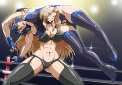 Rule 34 | 2022, 2girls, abs, absurdres, ahoge, ass, black boots, black bra, black eyes, black garter belt, black gloves, black thighhighs, blonde hair, blue eyes, blue gloves, blue hair, blue hairband, blue leotard, boots, borrowed character, bra, breasts, camera flash, carrying over shoulder, choker, female focus, fingerless gloves, fingernails, fugubarakun, full body, garter belt, gloves, gluteal fold, grin, groin, hairband, hanging breasts, high heel boots, high heels, highres, huge filesize, indoors, lace-up boots, large breasts, legs apart, leotard, lips, looking at another, multiple girls, navel, open mouth, original, parted bangs, screaming, second-party source, serious, sharp fingernails, shiny skin, skindentation, smile, spread fingers, star (symbol), star print, struggling, thick thighs, thigh boots, thighhighs, thighs, toned, toned female, underwear, wavy hair, wrestling, wrestling outfit, wrestling ring