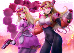 2girls alia_(mega_man) arm_cannon black_bodysuit blonde_hair blue_lips blurry blurry_background bodysuit commission corruption cowboy_shot dark_persona dress glowing glowing_eyes gun highres holding holding_gun holding_weapon kiwakiwa lipstick long_hair makeup mega_man_(series) mega_man_x2 mega_man_x_(manga) mega_man_x_(series) multiple_girls pink_arm_warmers pink_dress pink_eyes pixiv_commission silkie_(mega_man) thighhighs weapon