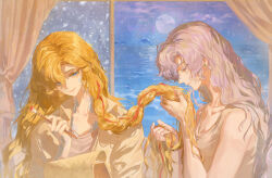 2girls absurdres bare_arms bare_shoulders blonde_hair blue_eyes clipboard curtains dolphin earrings face_down hand_up hands_up highres holding holding_another&#039;s_hair holding_paintbrush indoors jewelry long_braid long_hair looking_at_another looking_to_the_side luori_dianxin multiple_girls night night_sky ocean paintbrush purple_eyes reverse:1999 scales shirt sky smelling smelling_hair smile stud_earrings tank_top upper_body vila_(reverse:1999) white_hair white_shirt white_tank_top window windsong_(reverse:1999)